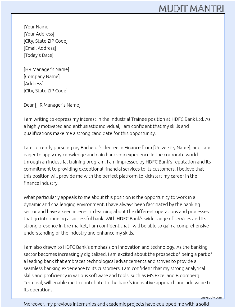 Industrial Trainee At HDFC Bank Ltd. Cover Letter