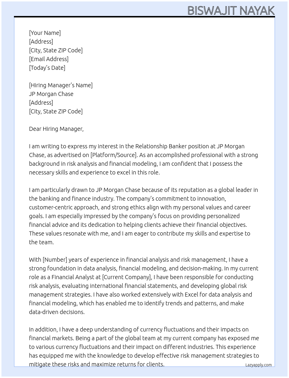 Relationship Banker At JP Morgan Chase Cover Letter