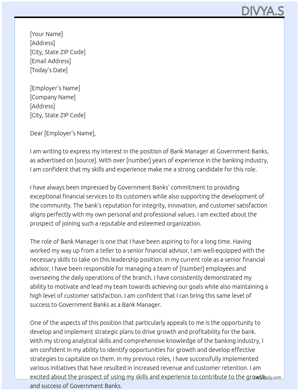 Bank manager  At Government banks Cover Letter