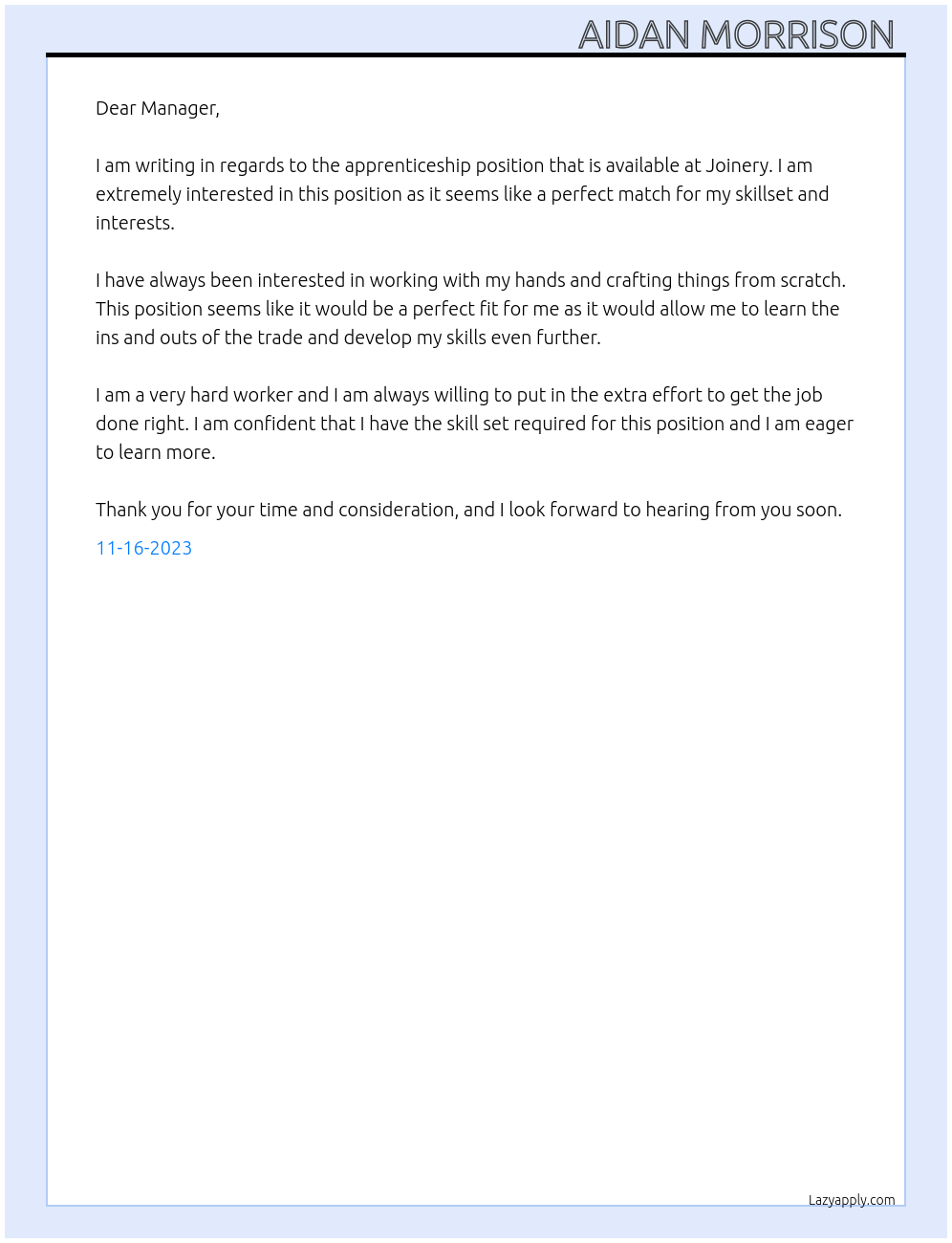 Apprenticeship At Joinery Cover Letter