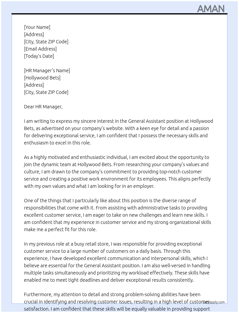 General Assistant At Hollywood bets  Cover Letter