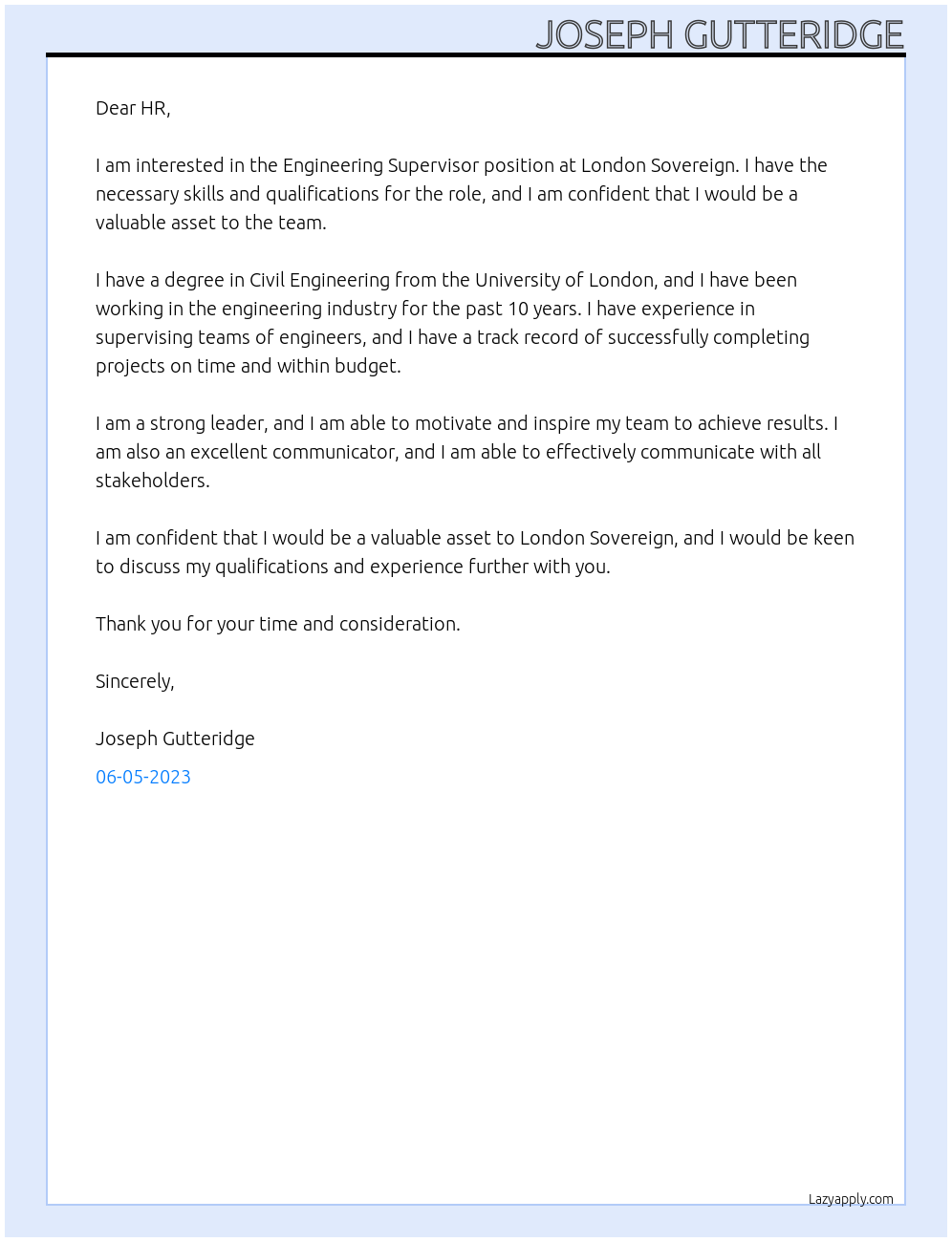 Engineering Supervisor At London Sovereign Cover Letter