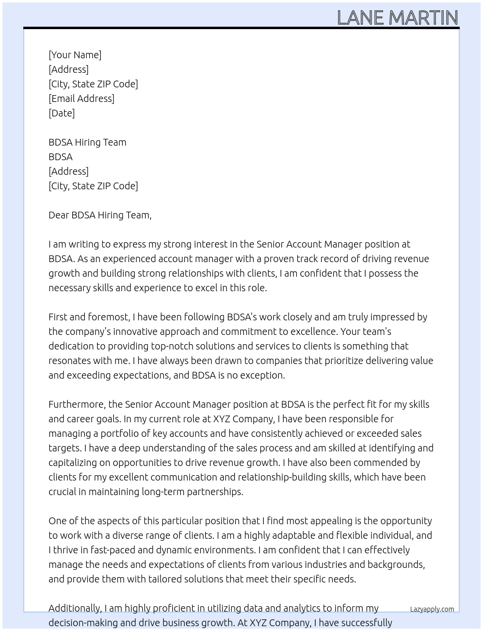 Senior Account Manager At BDSA Cover Letter