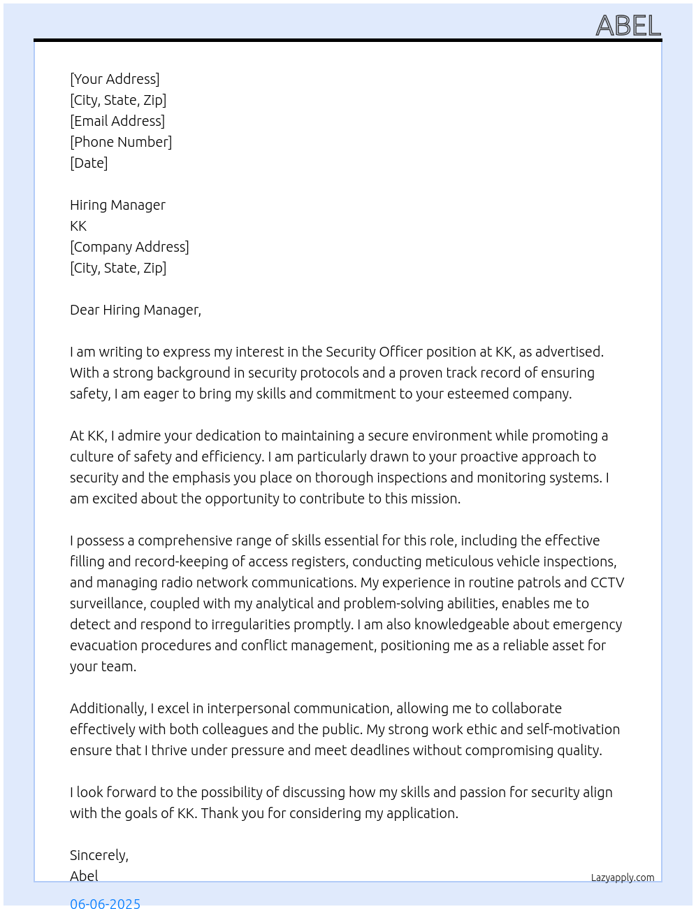 security officer At kk Cover Letter