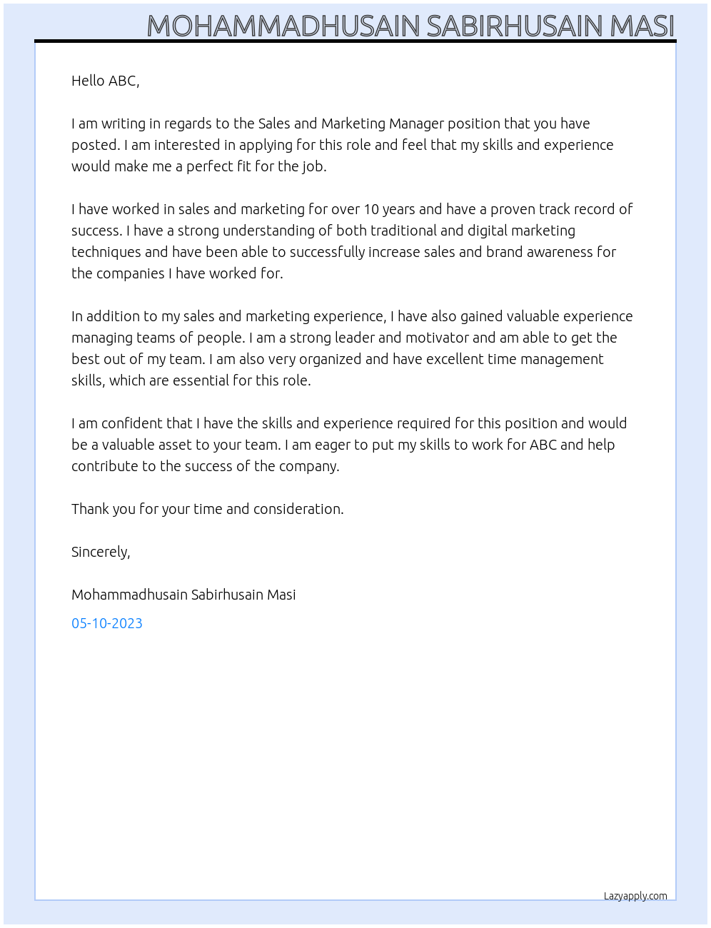 SALES AND MARKETING MANAGER At ABC Cover Letter