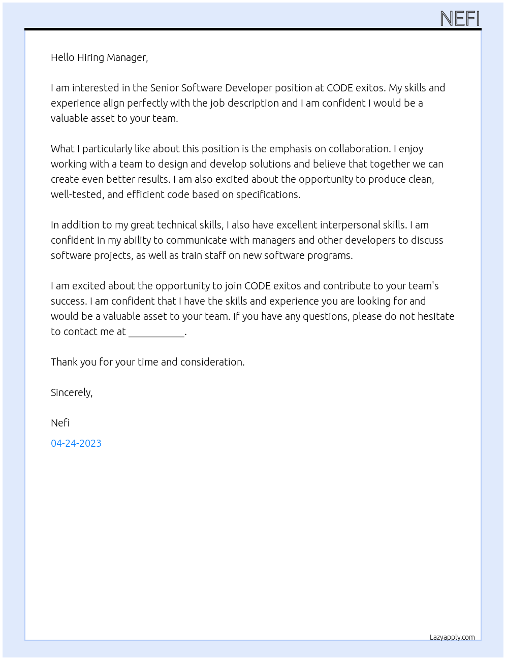 Senior Software Developer At CODE exitos Cover Letter