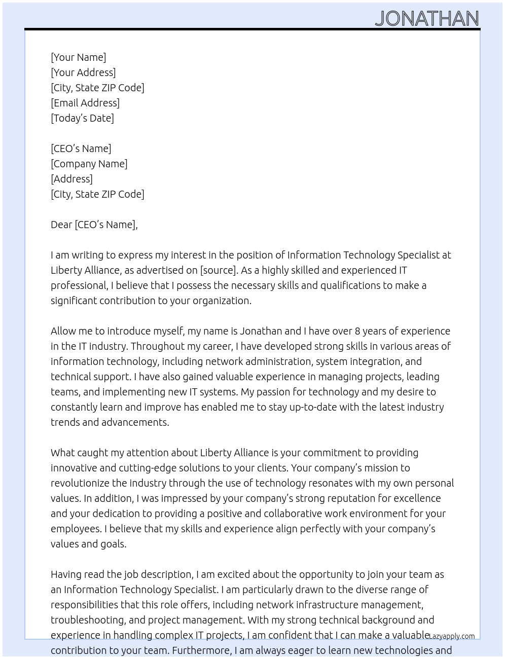 Information technology specialist At Liberty Alliance Cover Letter