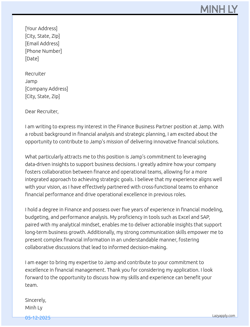 Finance business partner At Jamp Cover Letter