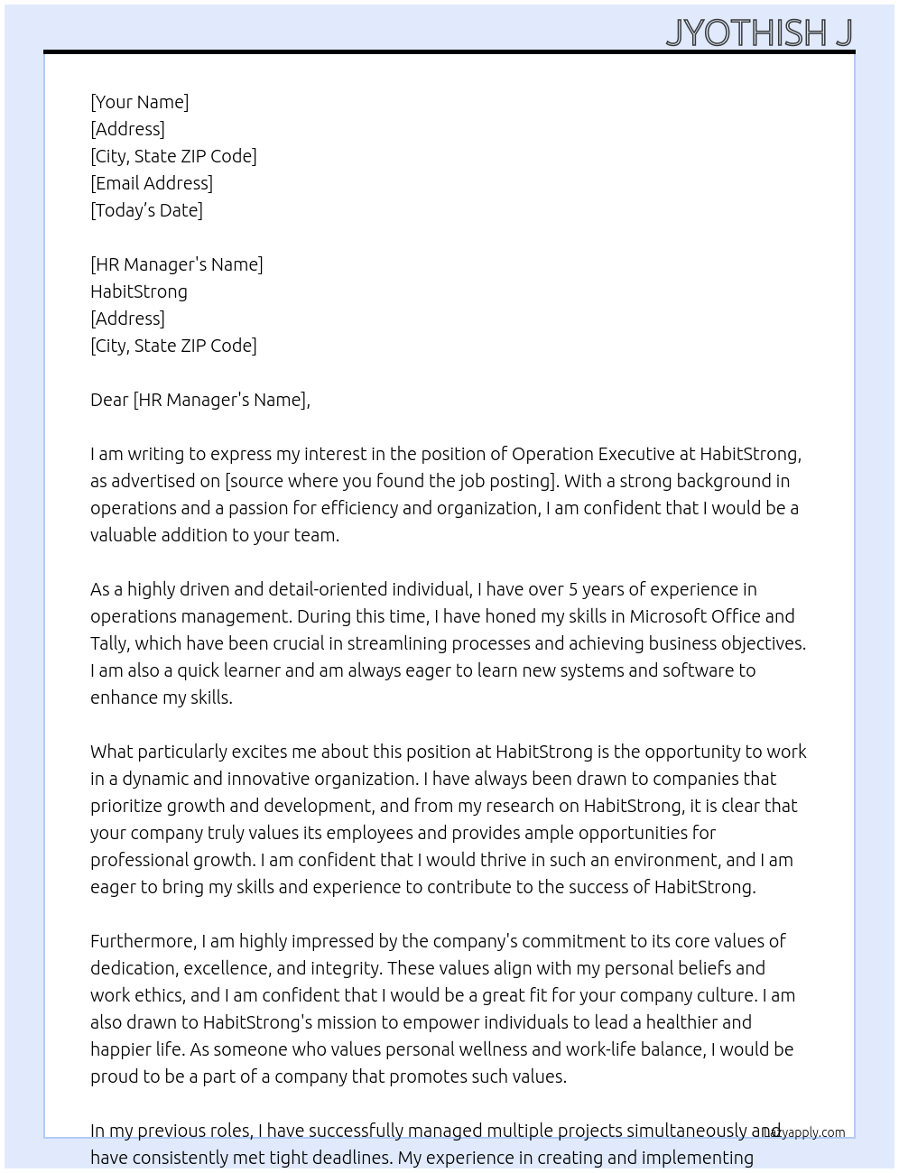 Operation Executive  At HabitStrong Cover Letter