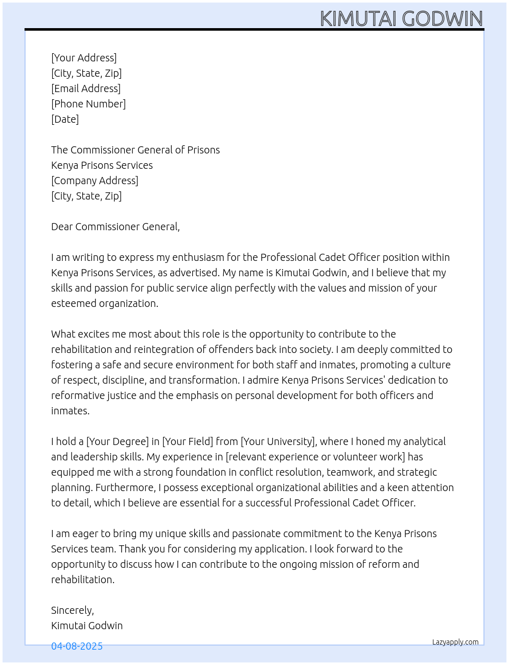 Cover letter for professional cadet officer - LazyApply