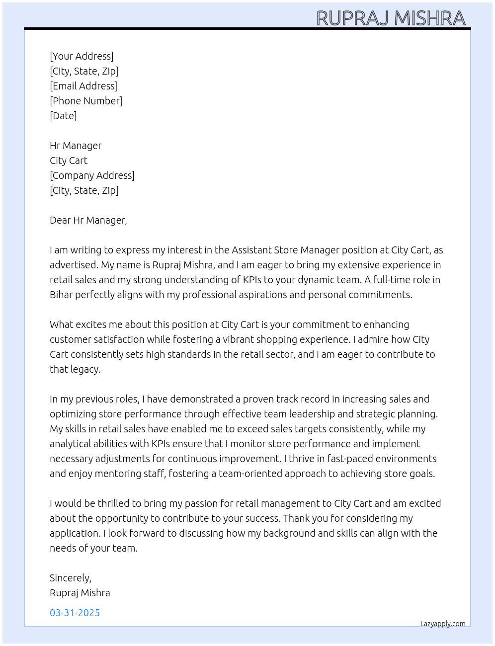 assistant store manager At City cart Cover Letter