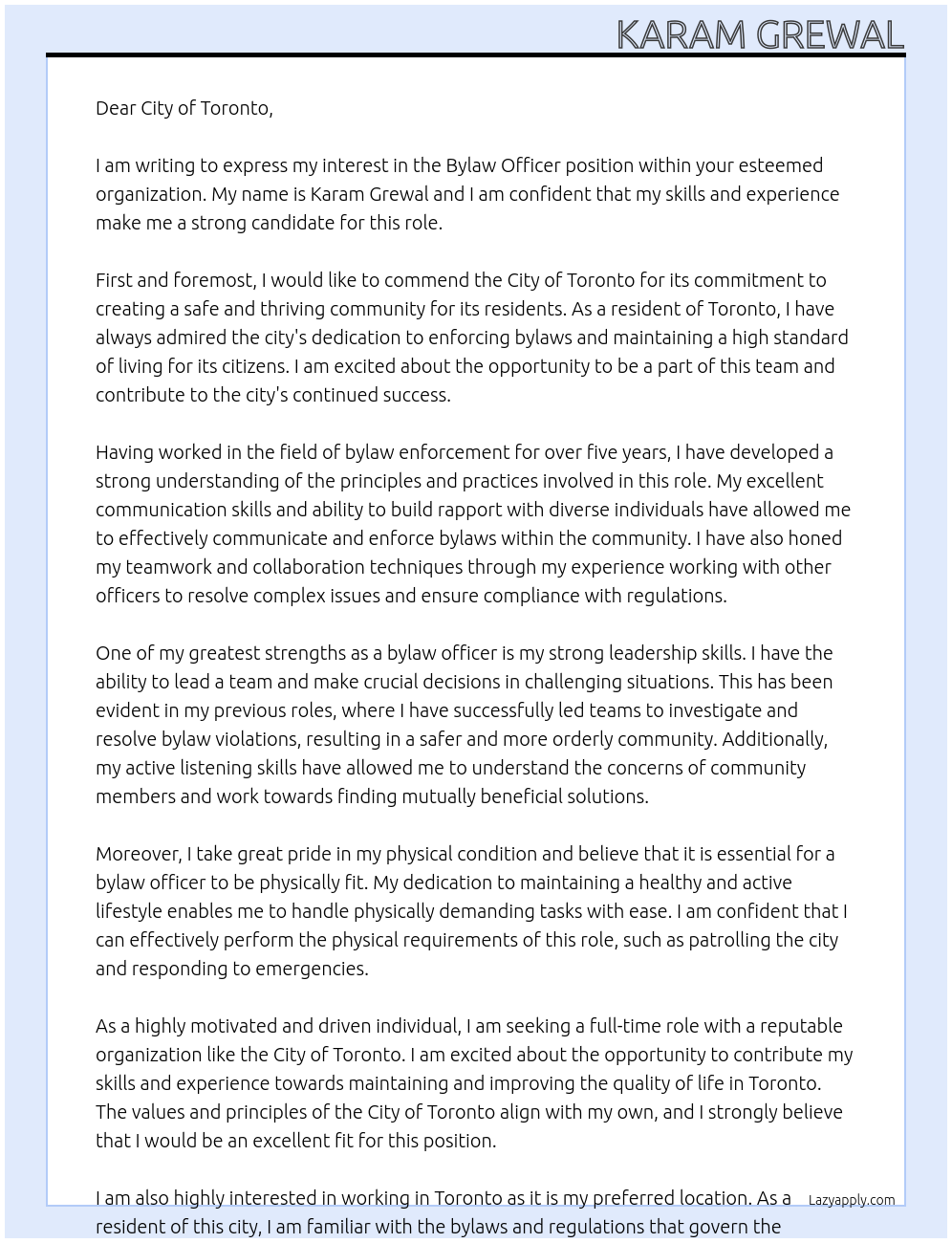 Bylaw Officer At City of Toronto Cover Letter