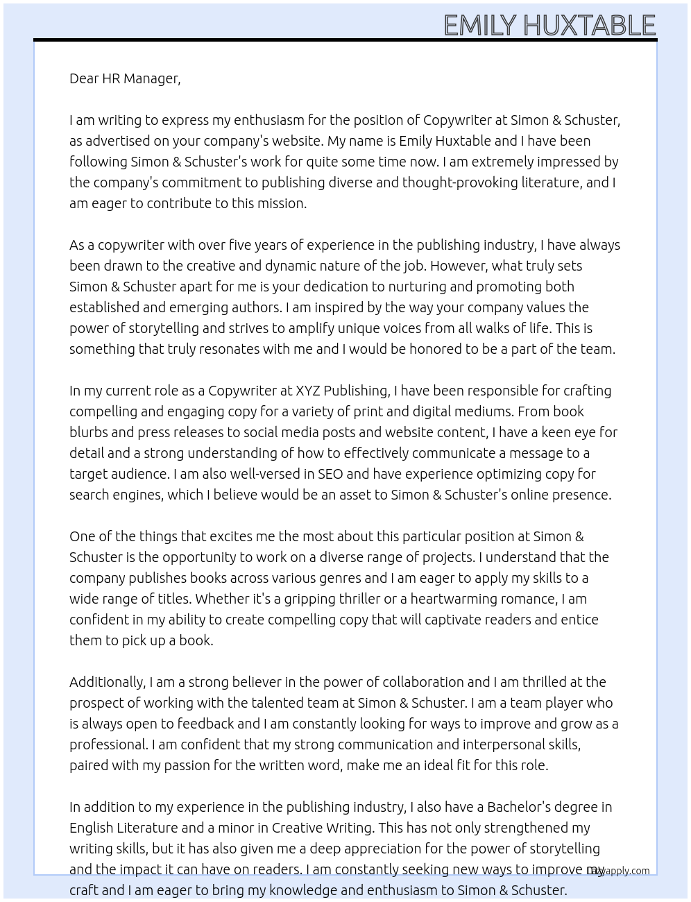 Copywriter At Simon & Schuster Cover Letter