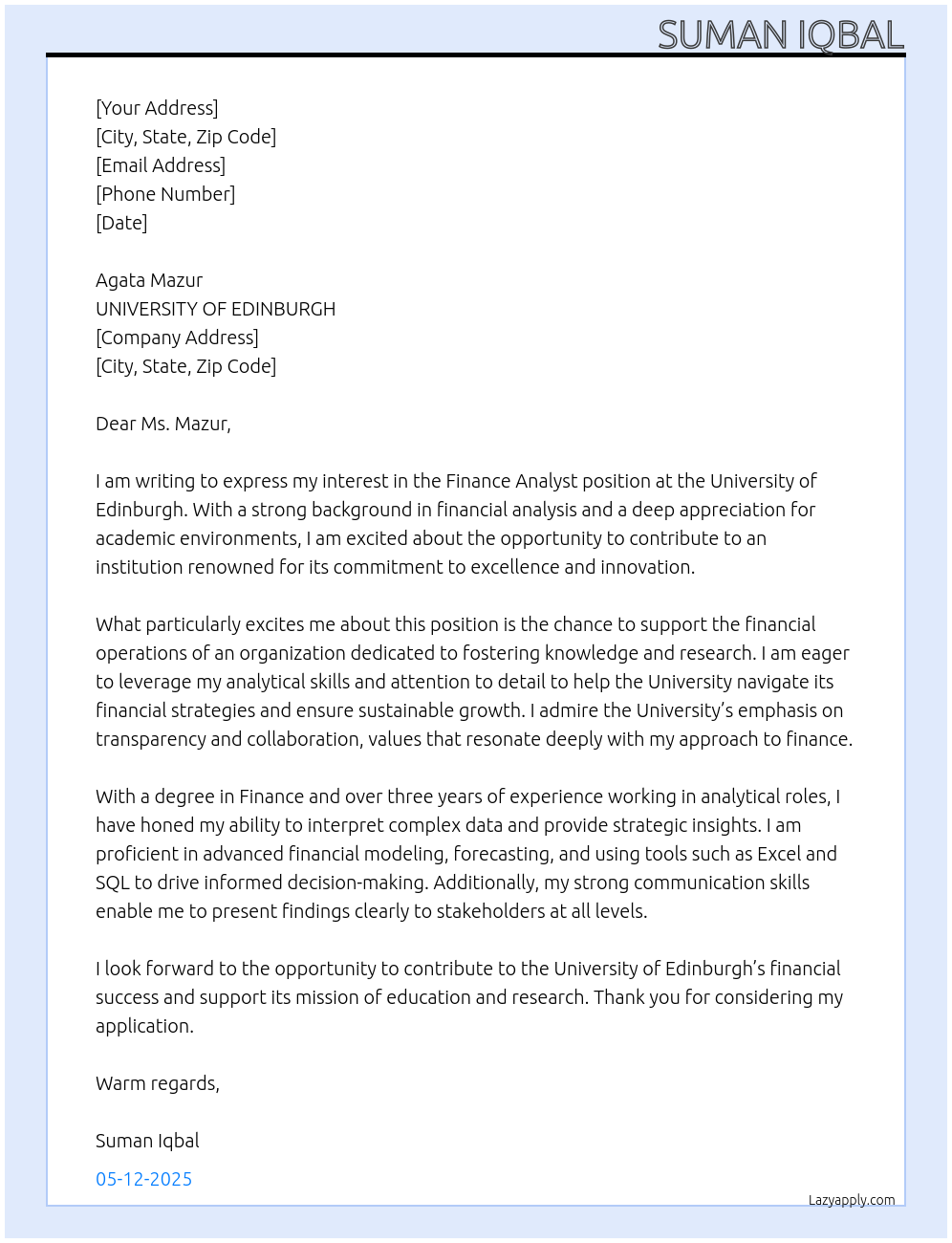 finance analyst At UNIVERSITY OF EDINBURGH Cover Letter