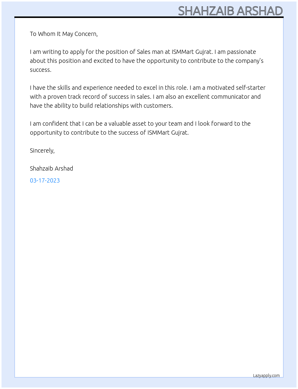 Sales man At ISMMart Gujrat Cover Letter