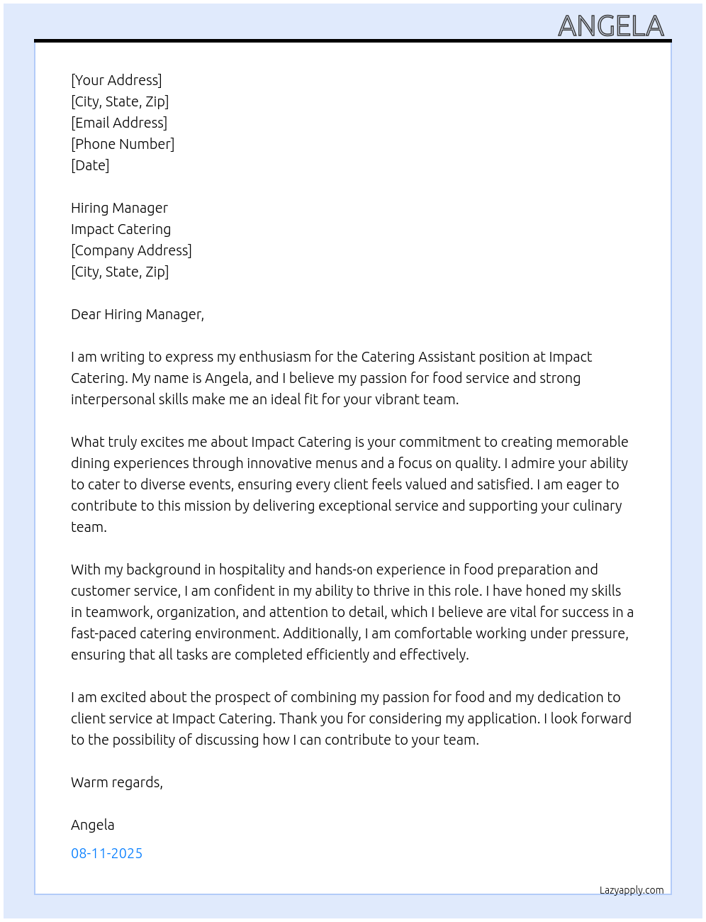 catering assistant At Impact catering Cover Letter