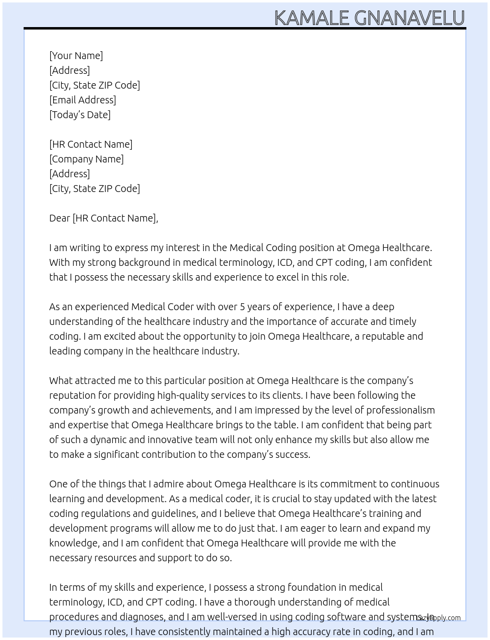 medical coding At Omega healthcare Cover Letter