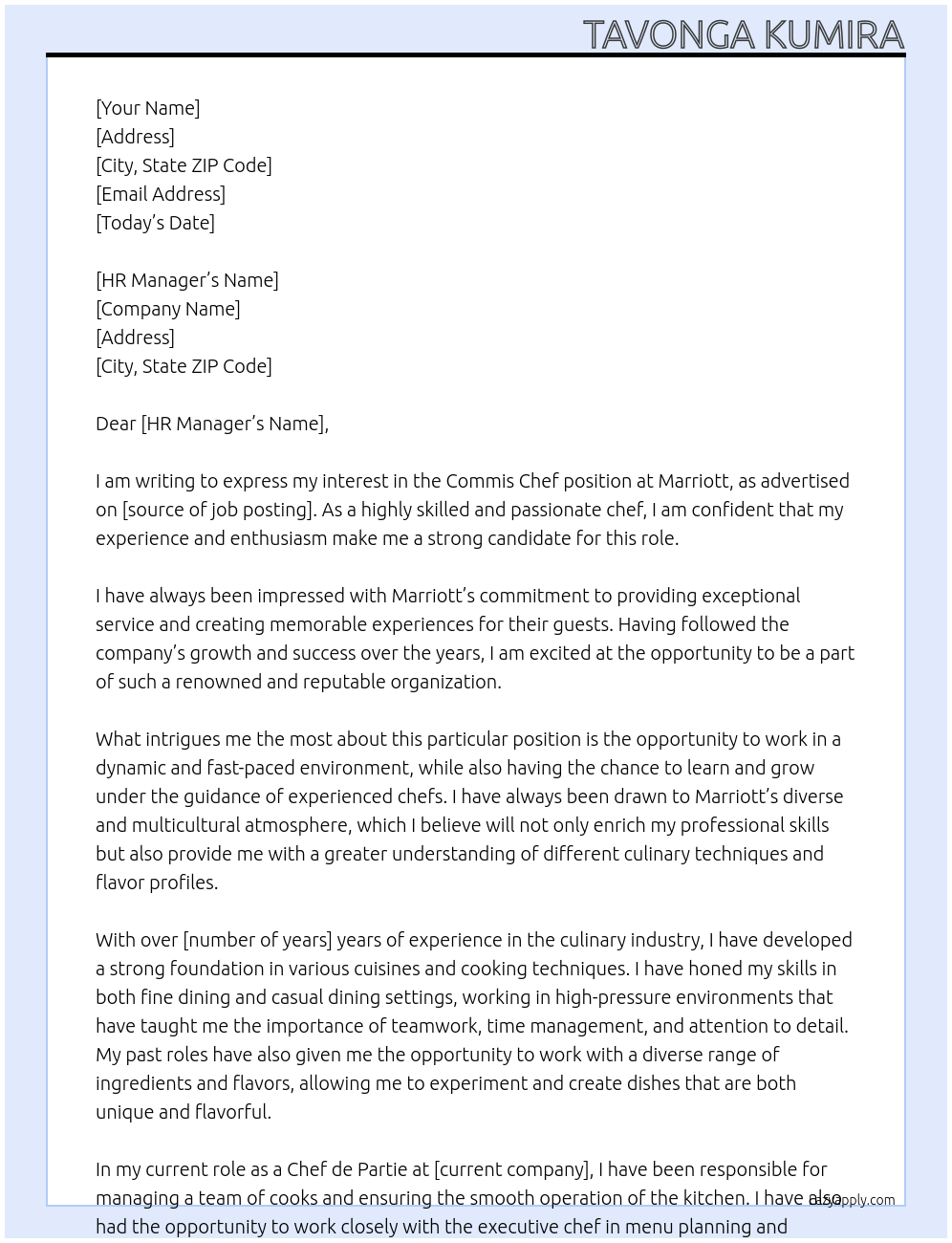 commis chef At marriot Cover Letter