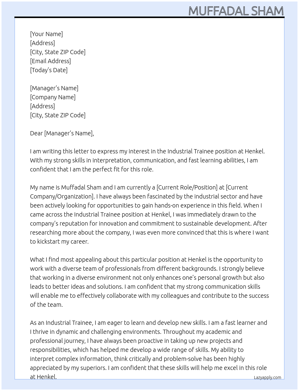 Industrial trainee At Henkel Cover Letter