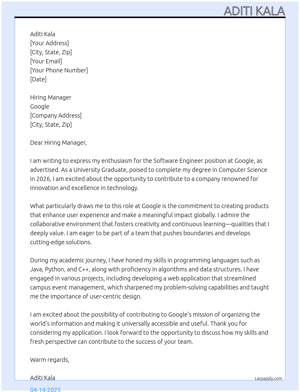 Software Engineer, University Graduate, 2026 At Google Cover Letter