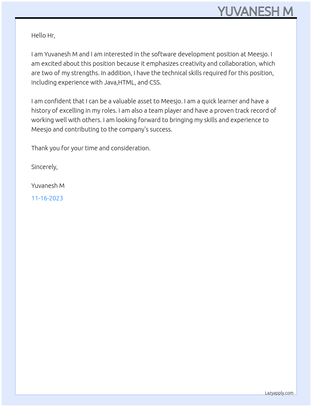 Software development At Meesjo Cover Letter
