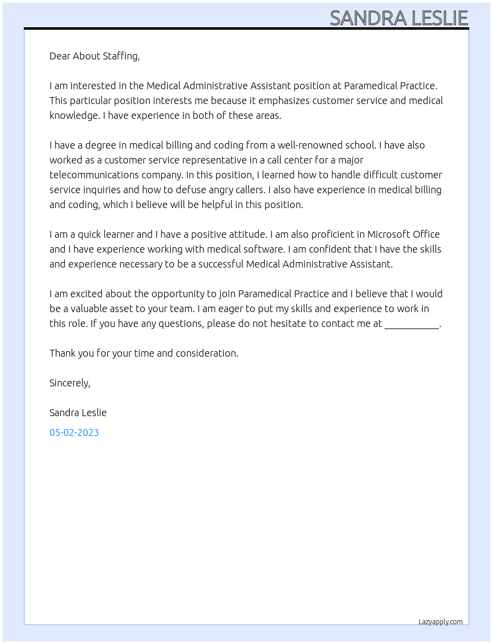 Medical Administrative Assistant At Paramedical Practice Cover Letter