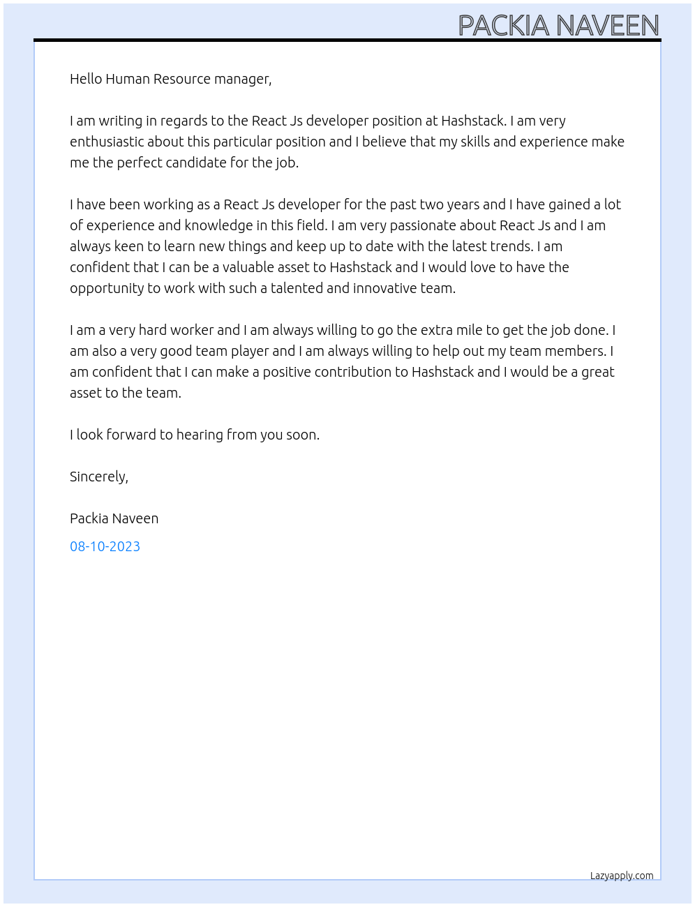 React Js developer At Hashstack Cover Letter