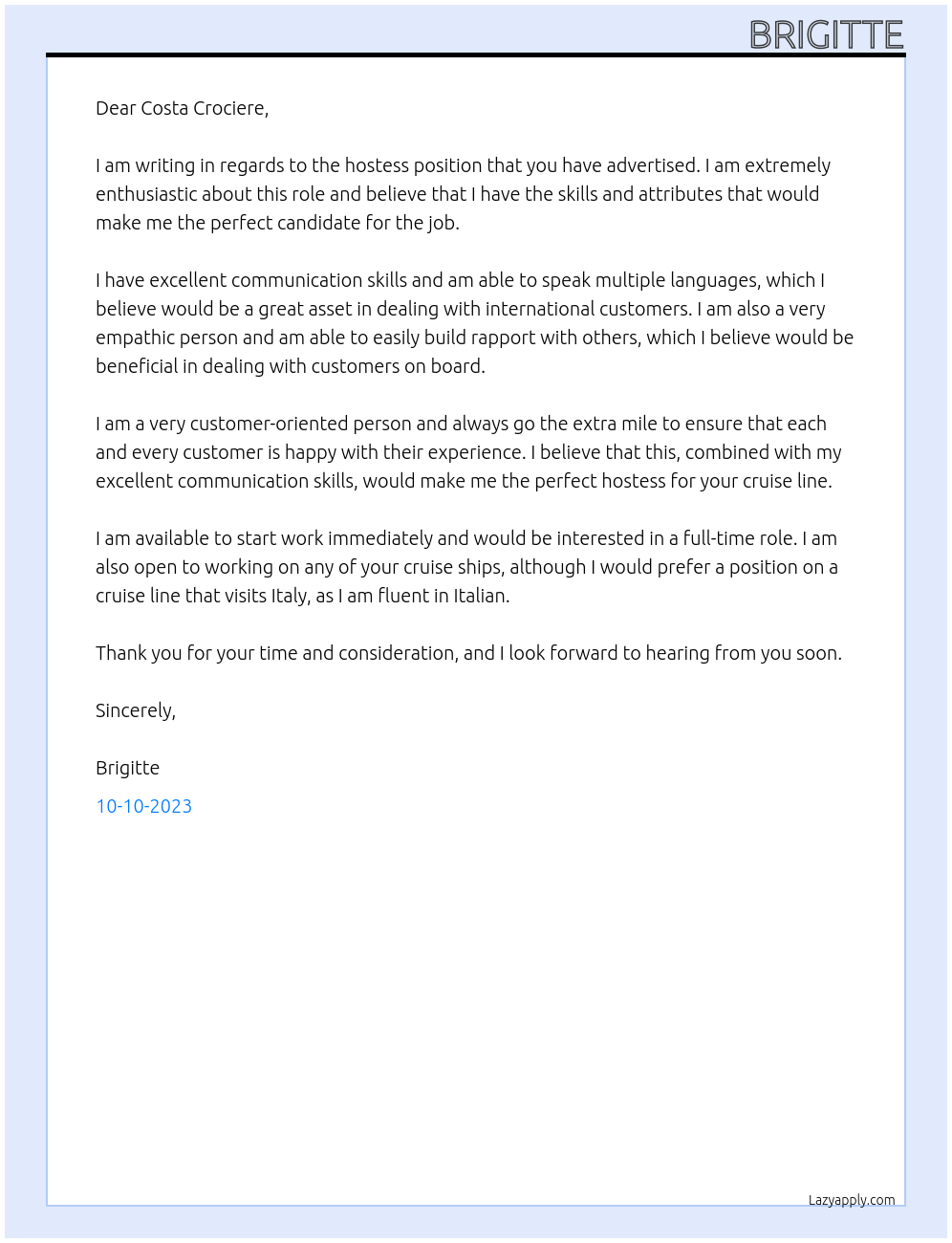 hostess At Costa Crociere Cover Letter