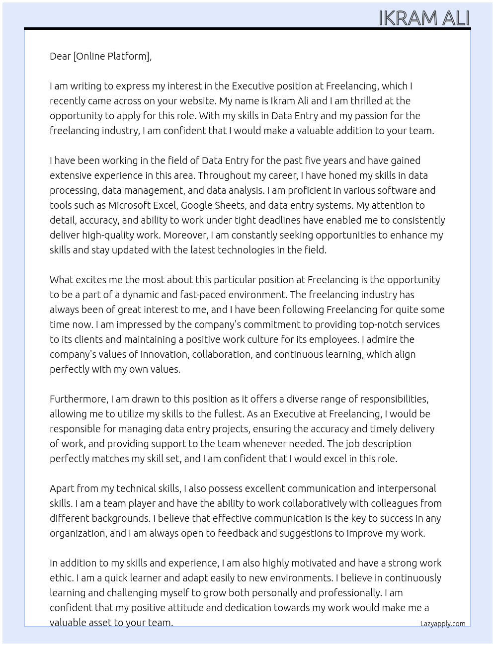 Executive At freelancing Cover Letter