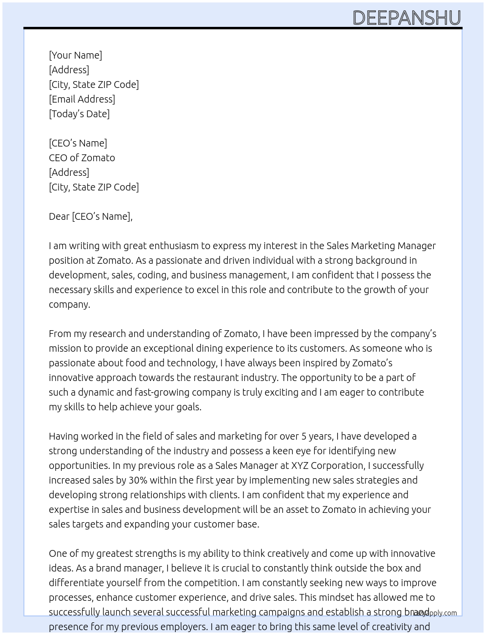 Sales marketing manager At Zomato Cover Letter