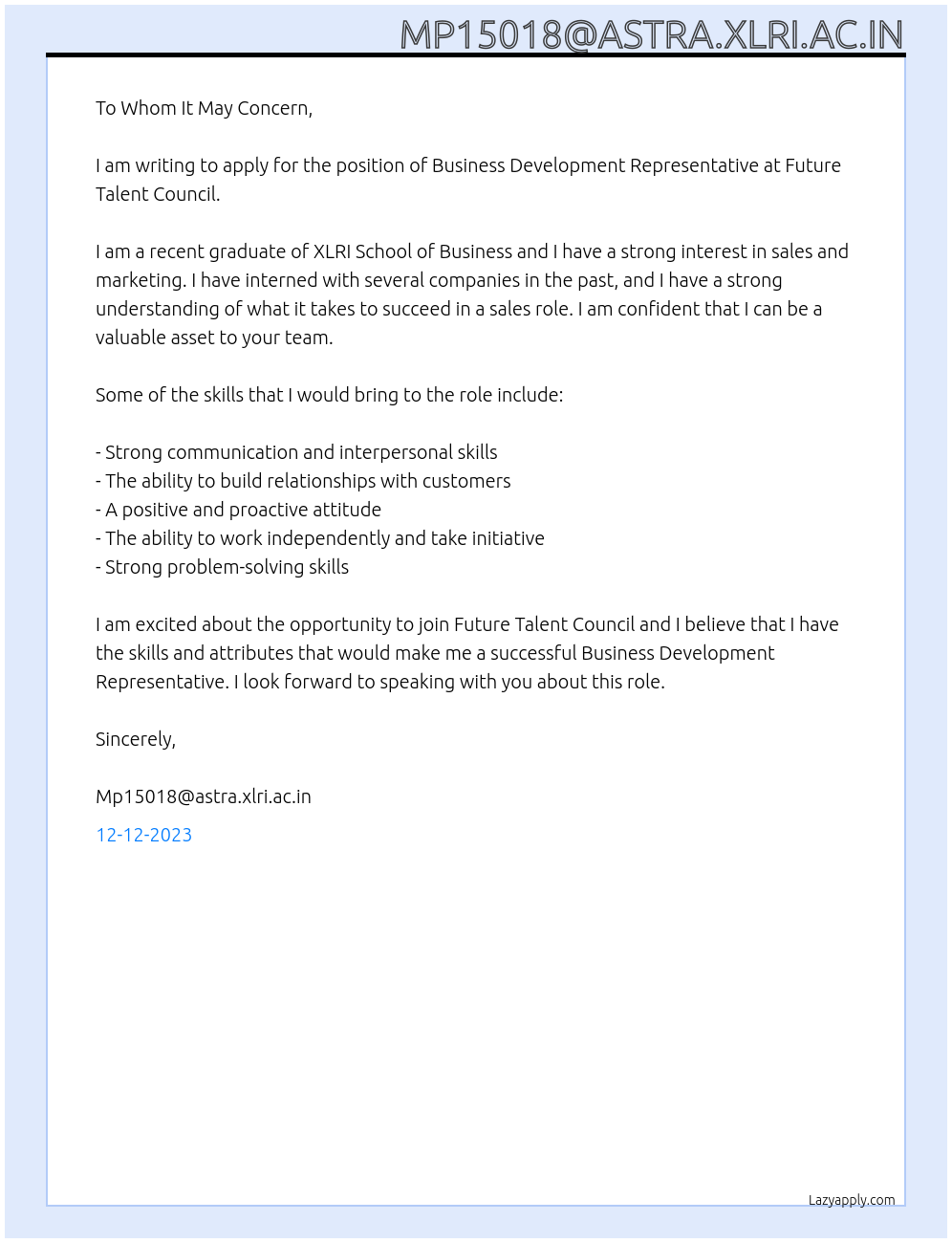 business development representative At Future Talent Council Cover Letter