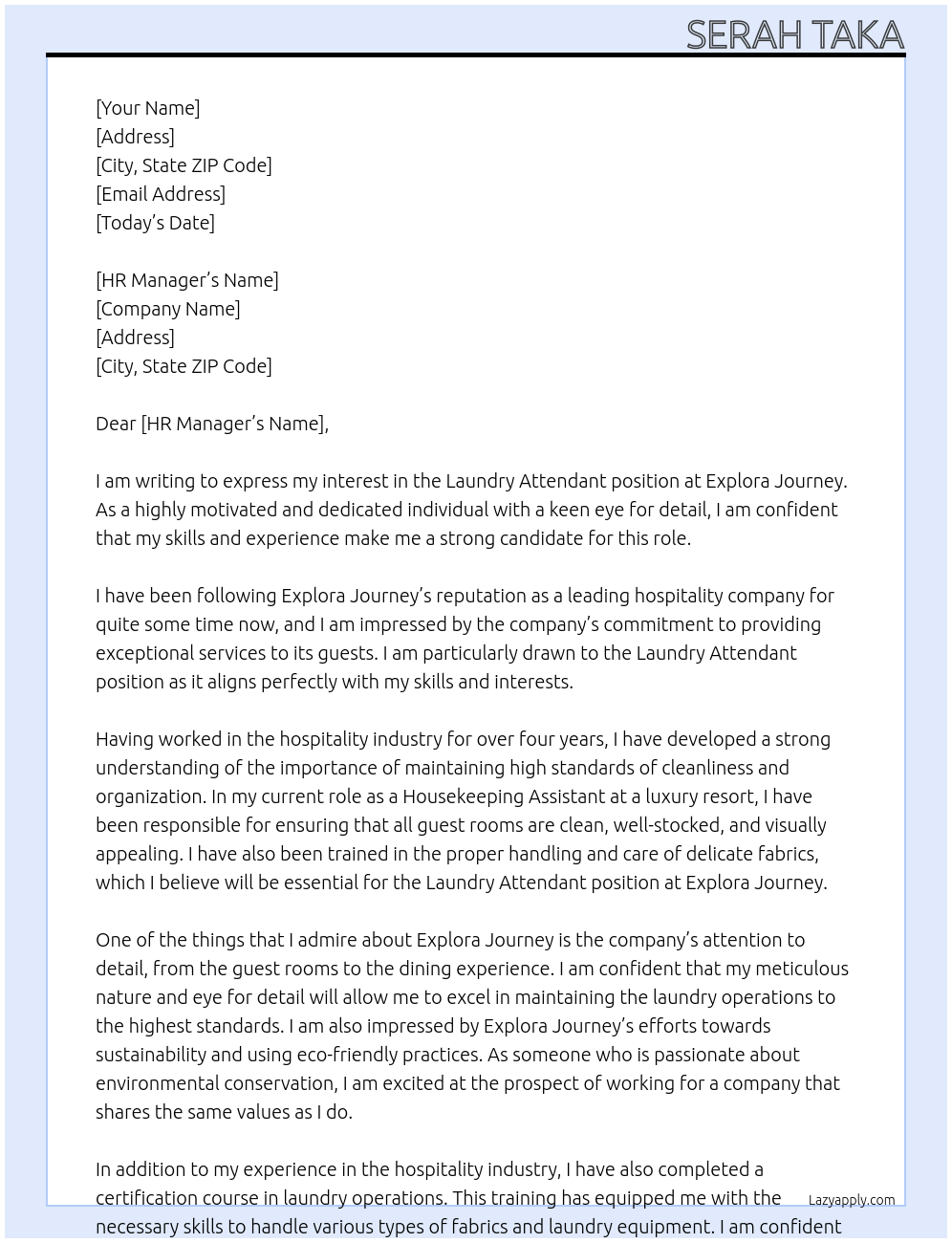 laundry attendant At explora journey Cover Letter