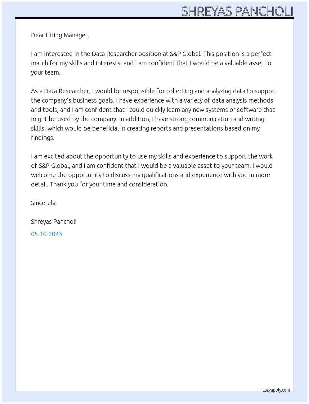 Data Researcher At S & P Global Cover Letter