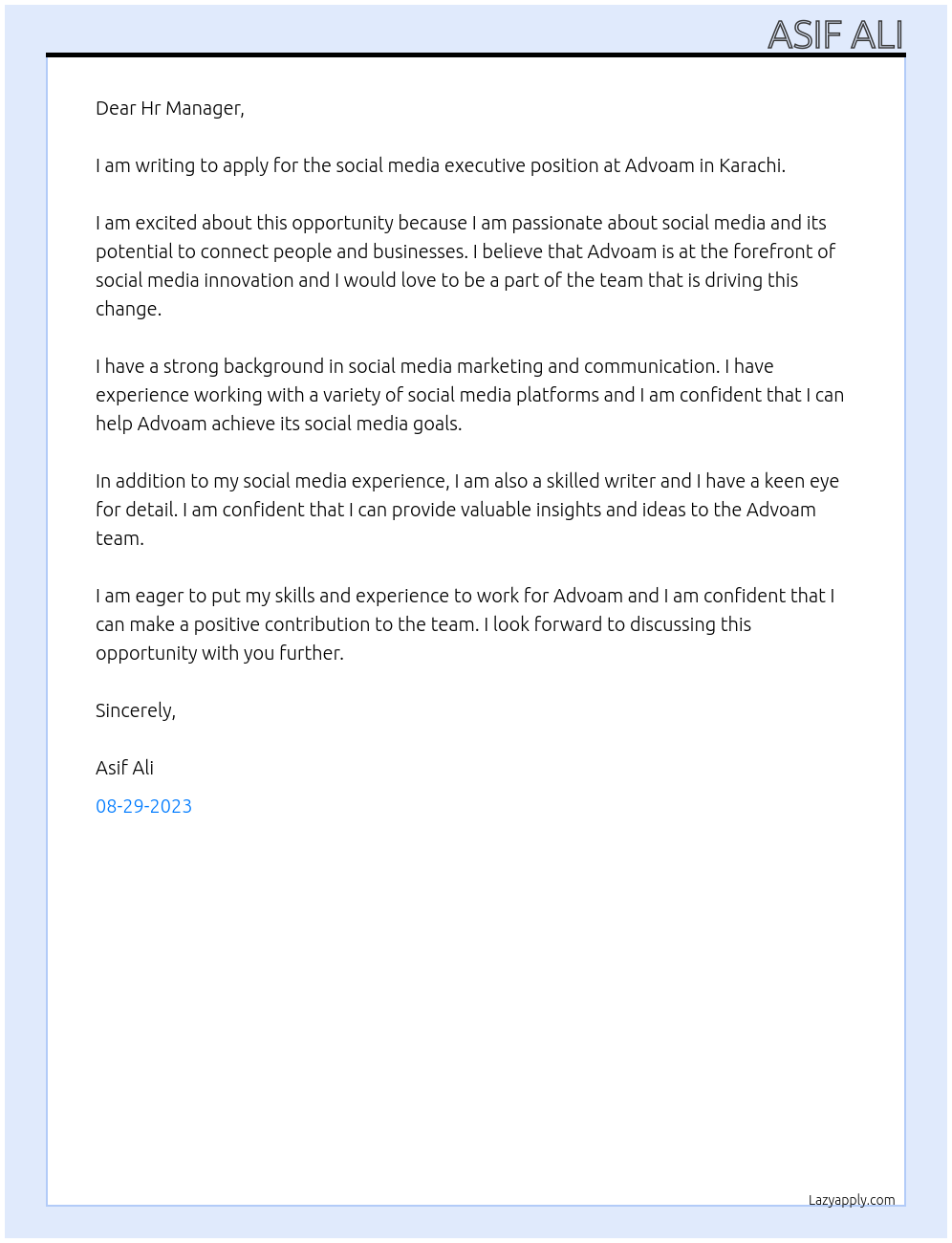 Social media executive At Advoam - Karachi Cover Letter