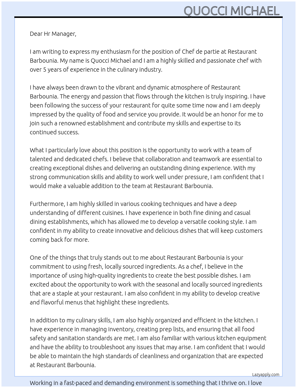 Chef de partie At Restaurant Barbounia Cover Letter