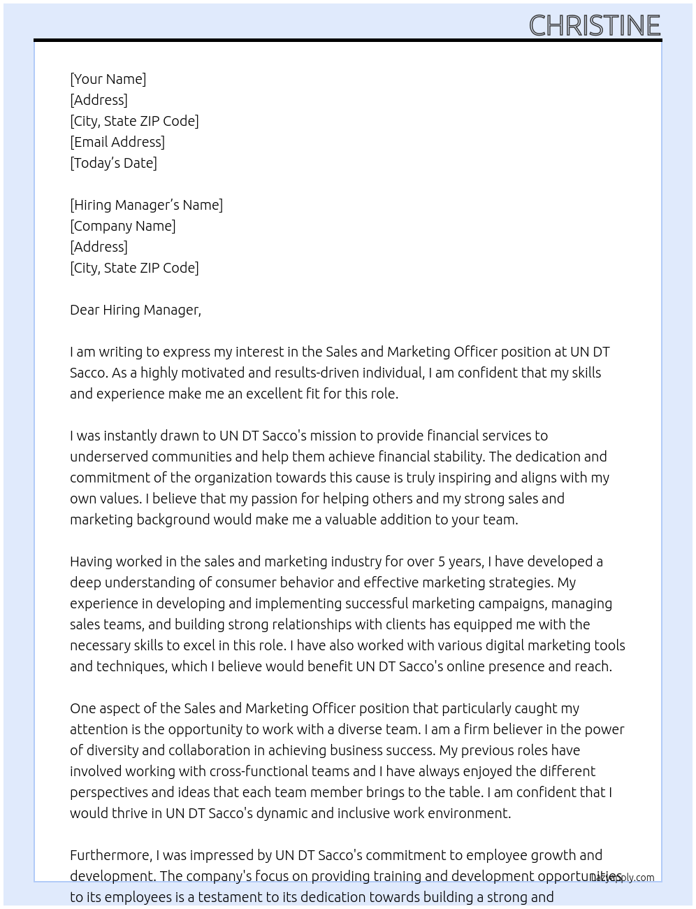 sales and marketing officer At UN DT Sacco Cover Letter