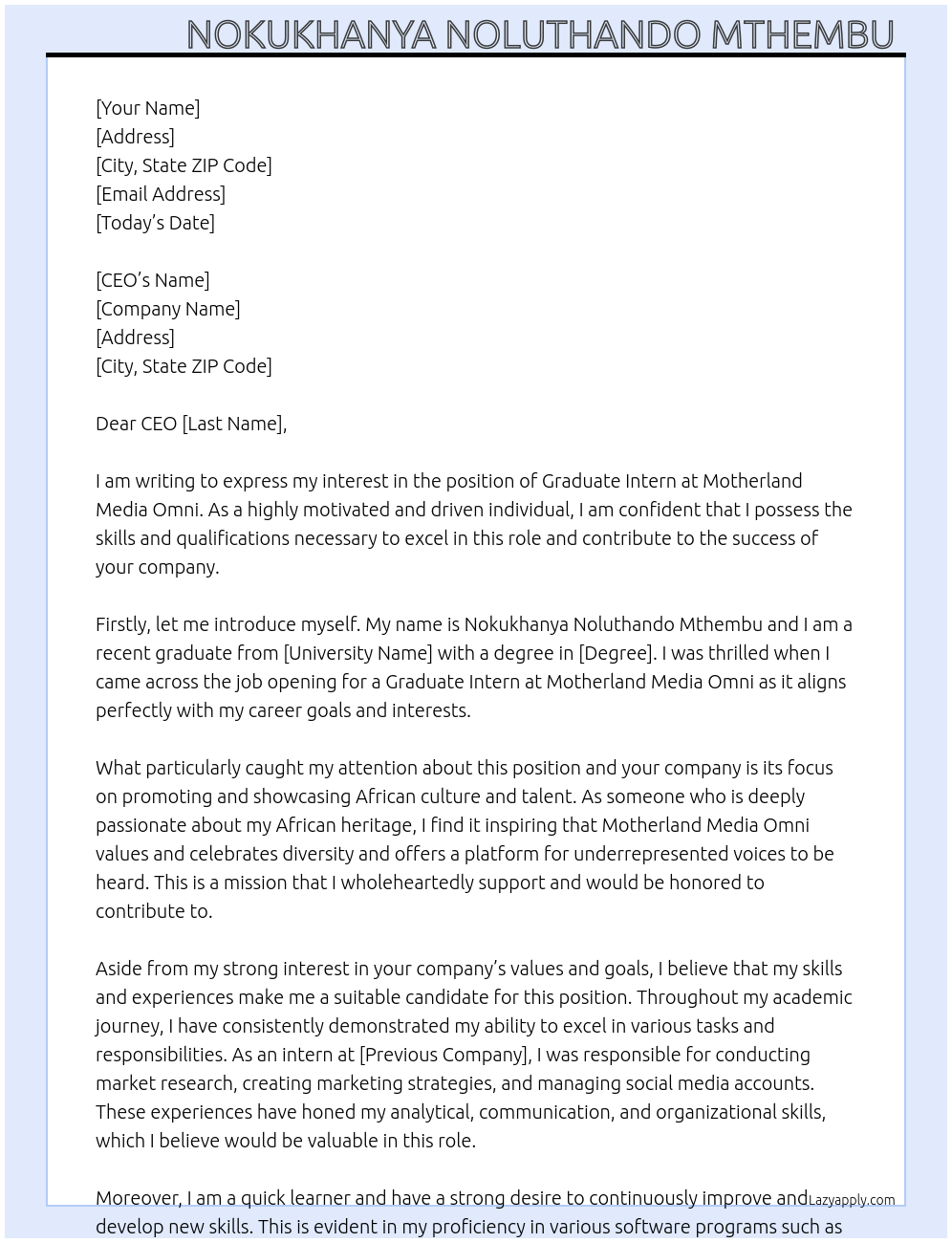 Graduate Intern At Motherland Media Omni Cover Letter