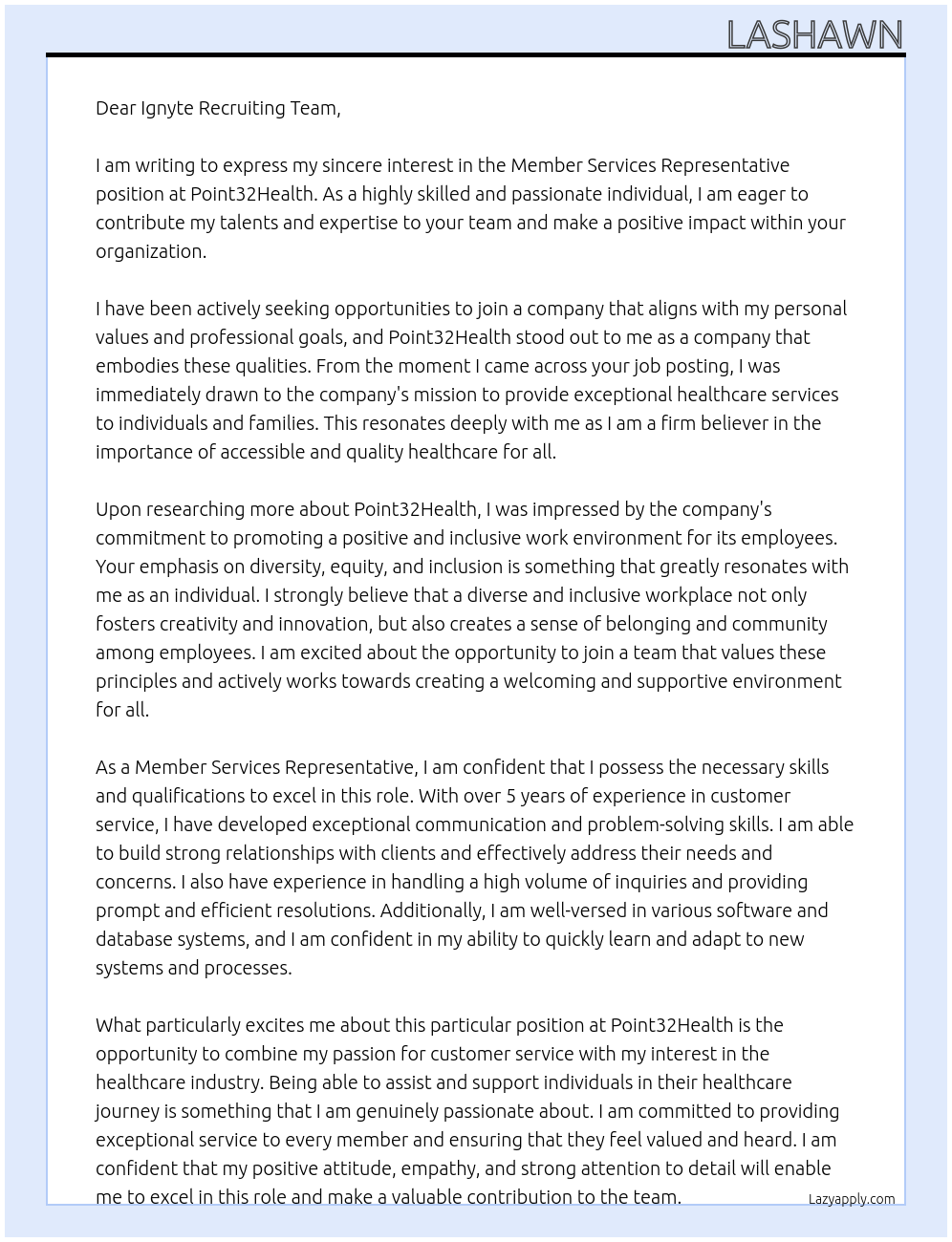 Member services representative At Point32Health Cover Letter