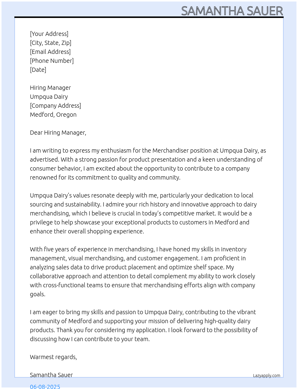 Merchandiser At Umpqua dairy Cover Letter