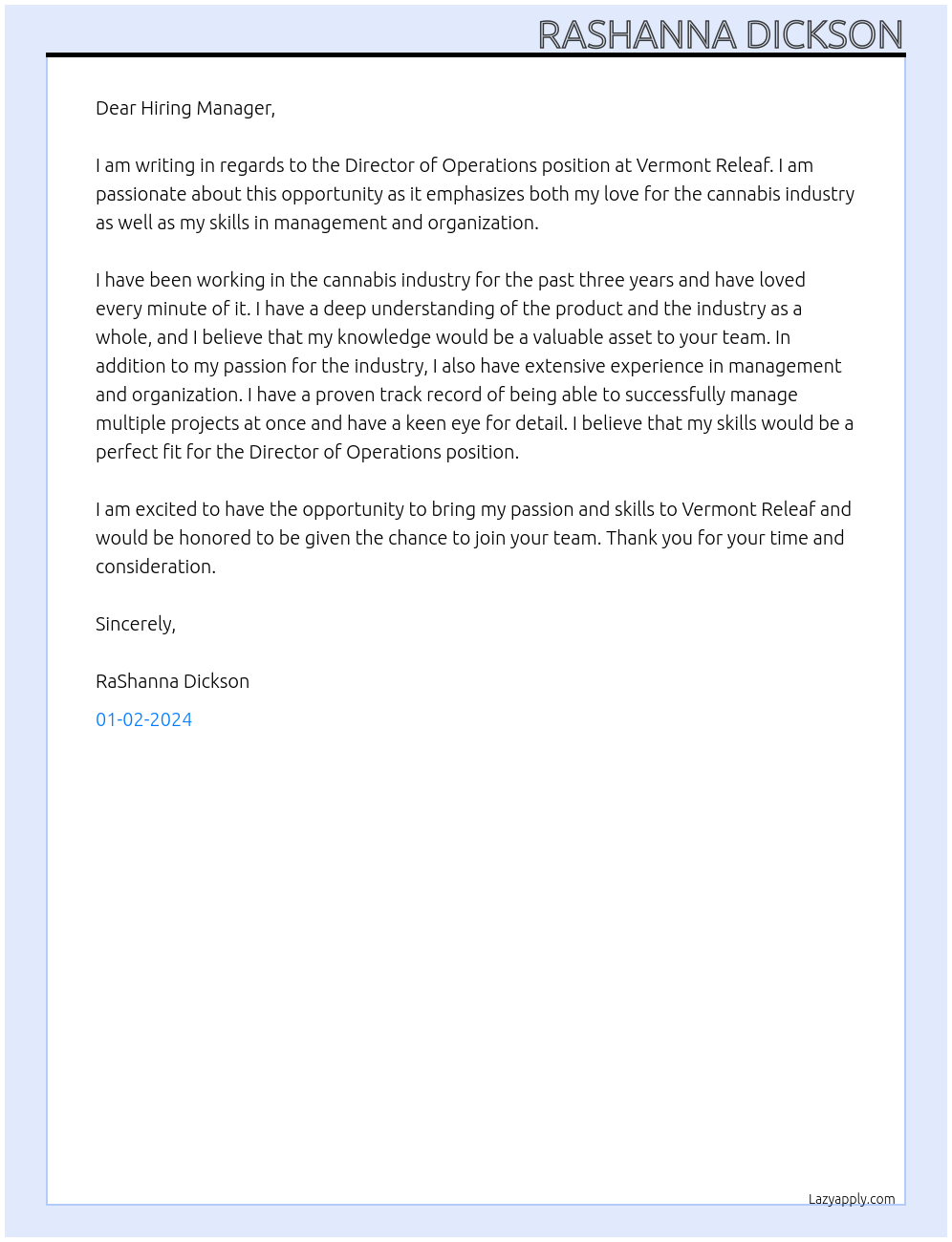 Director of Operations At Vermont Releaf Cover Letter