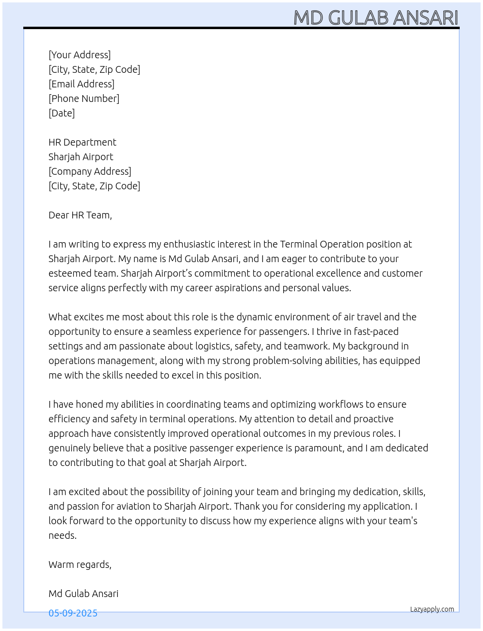 Terminal operation  At Sharjah airport  Cover Letter