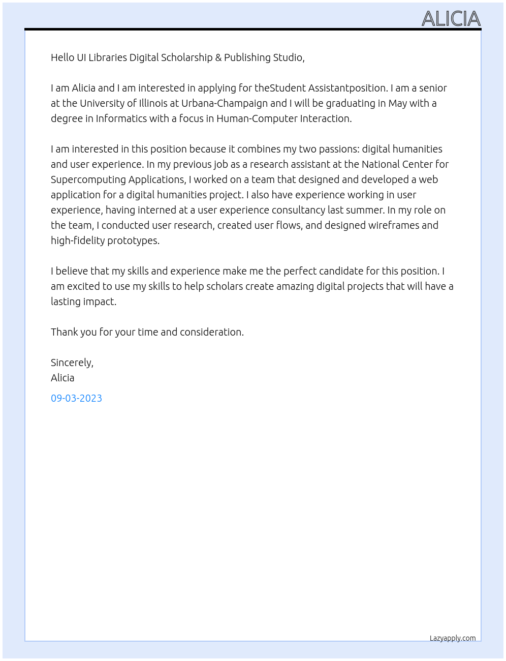 Student Assistant At UI Libraries Digital Scholarship & Publishing Studio Cover Letter