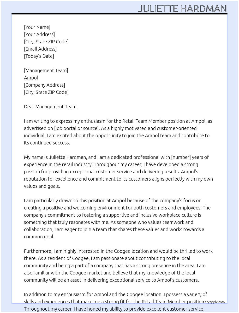 Cover letter for retail team member - LazyApply