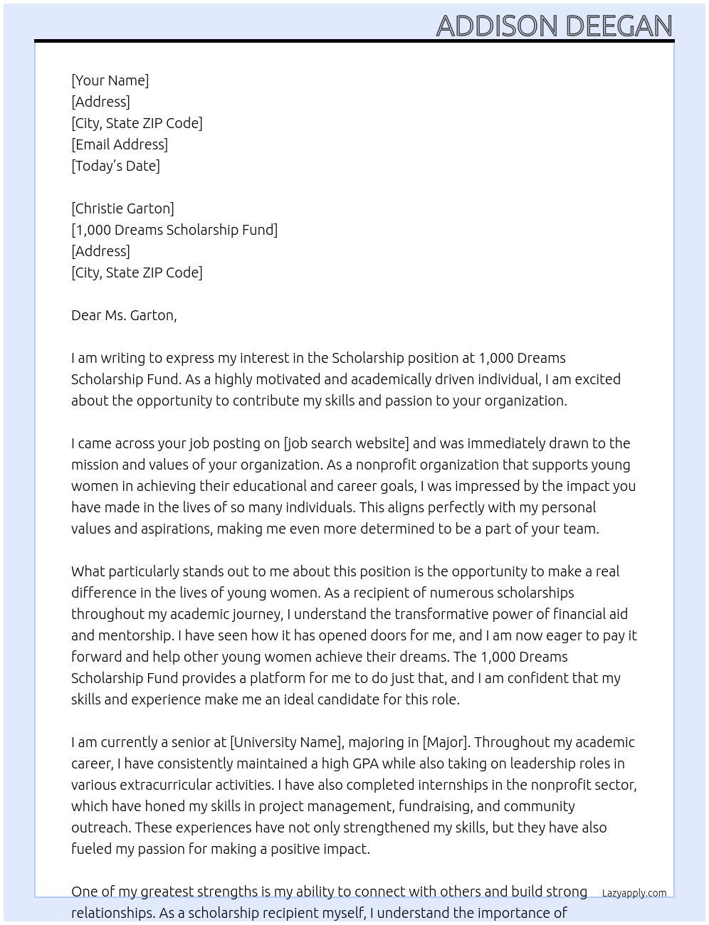 Scholarship At 1,000 Dreams Scholarship Fund Cover Letter