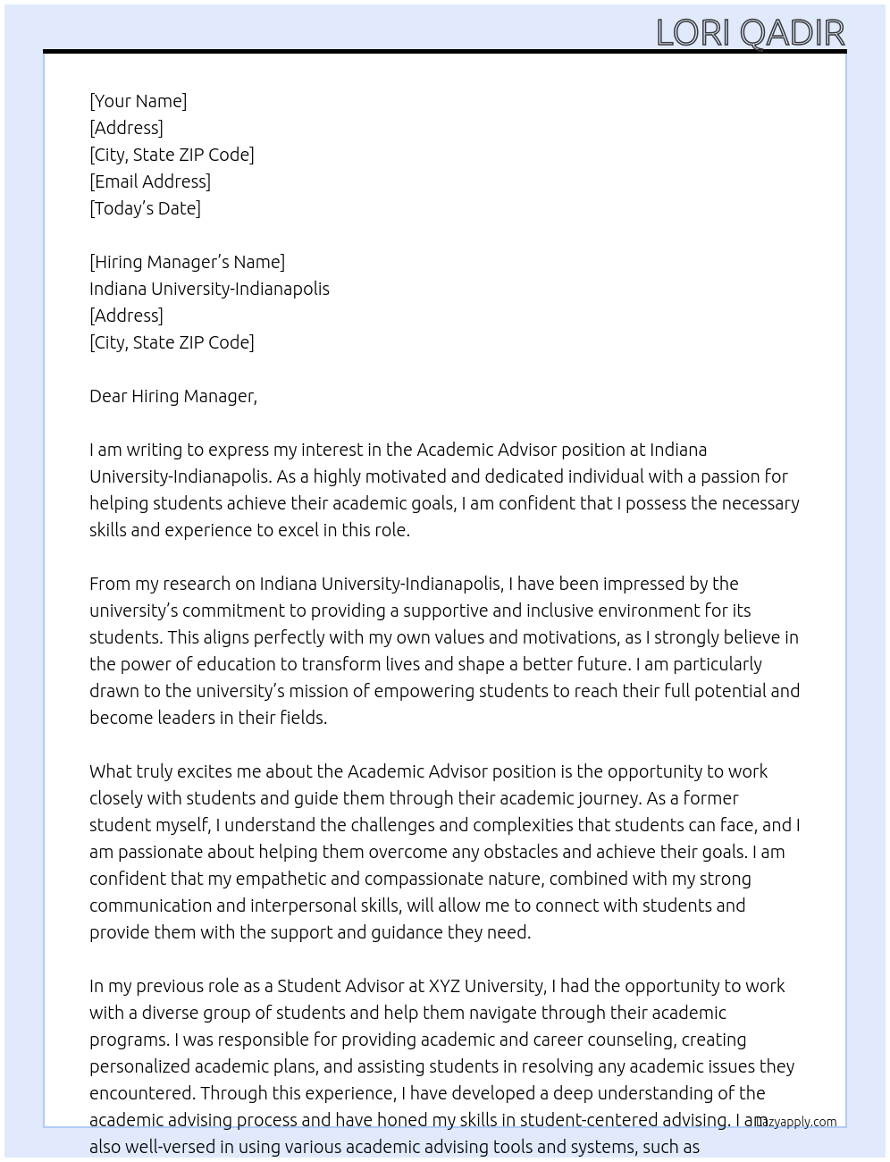 Academic Advisor At Indiana University-Indianapolis Cover Letter