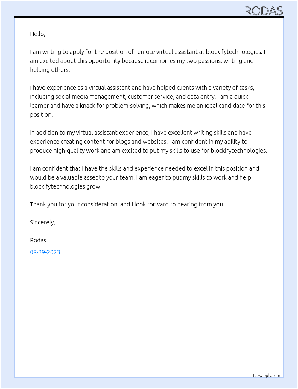 remote virtual assistant At blockifytechnologies Cover Letter