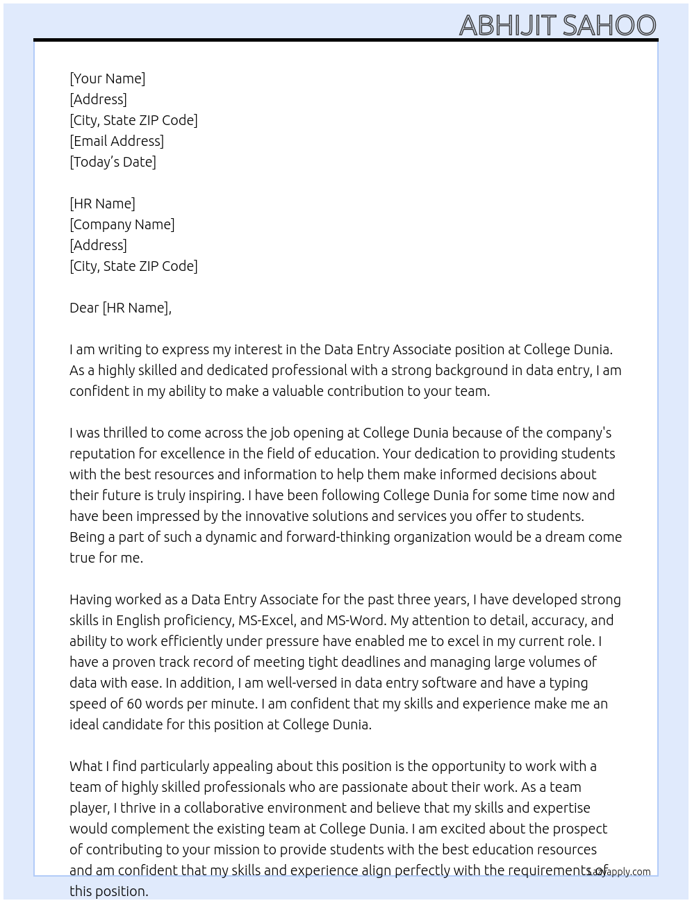 Data entry associate At college dunia Cover Letter