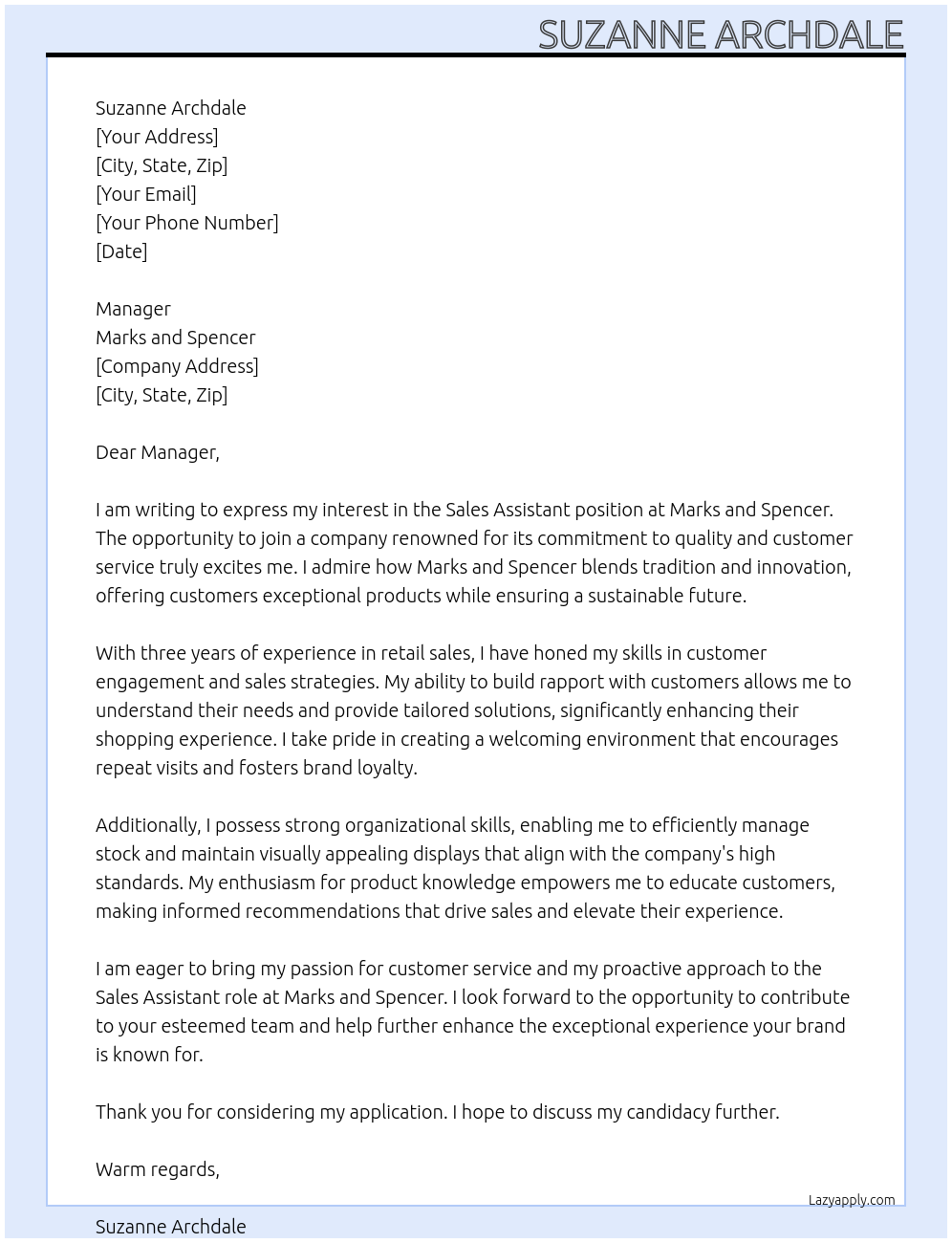 sales assistant At Marks and Spencer Cover Letter