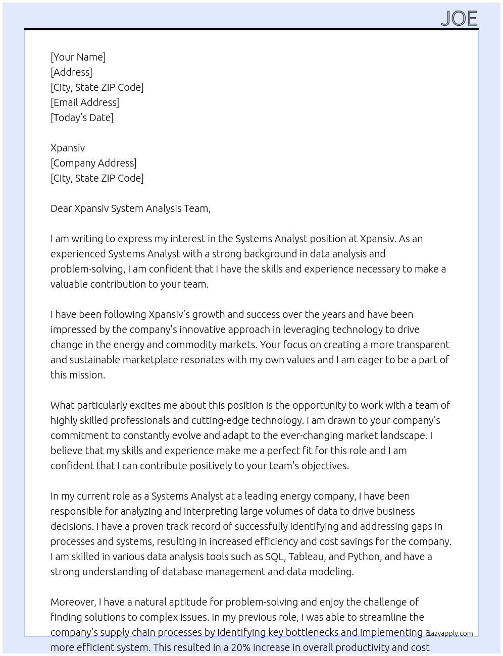 Systems Analyst At Xpansiv Cover Letter