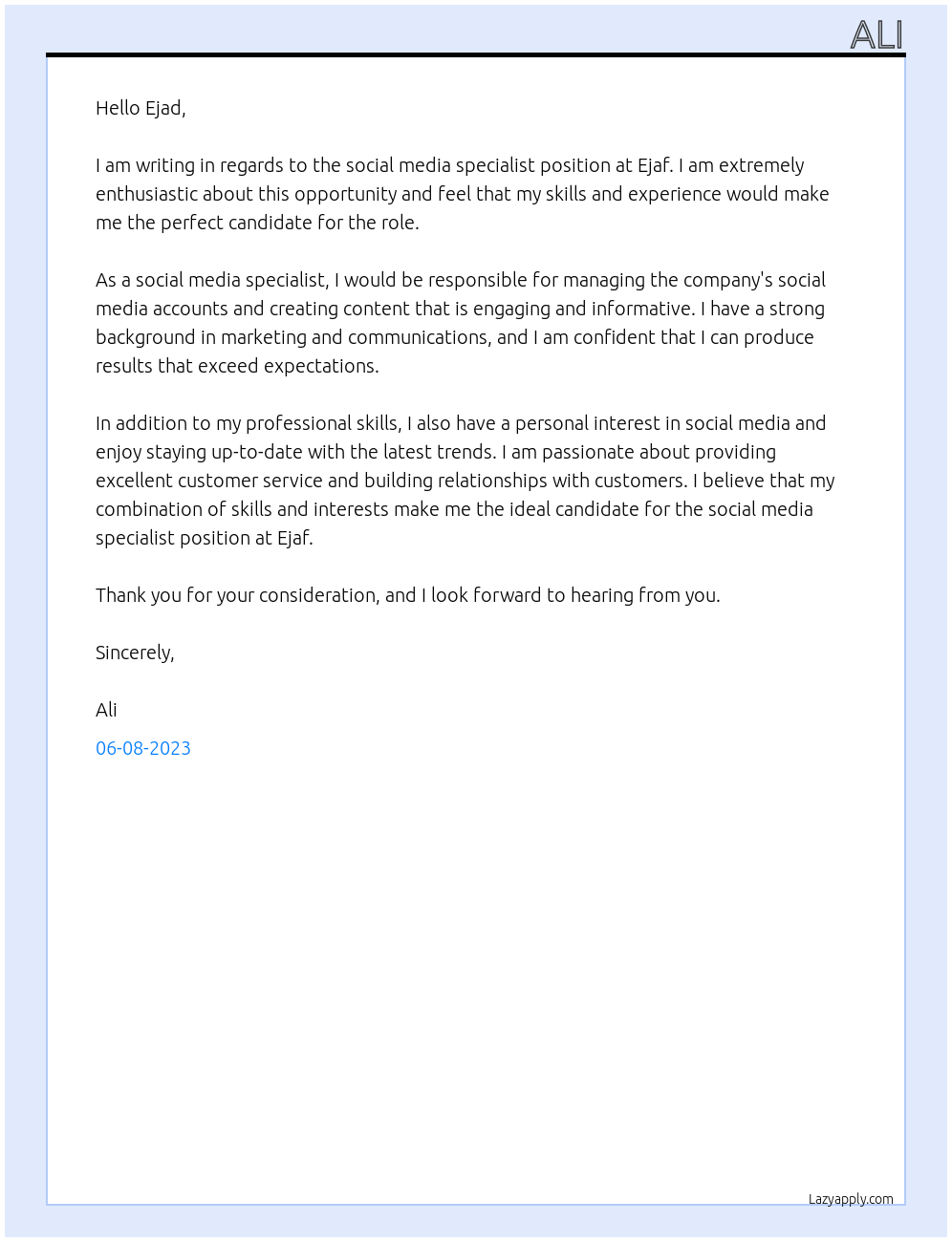 Social media specialist At Ejaf Cover Letter